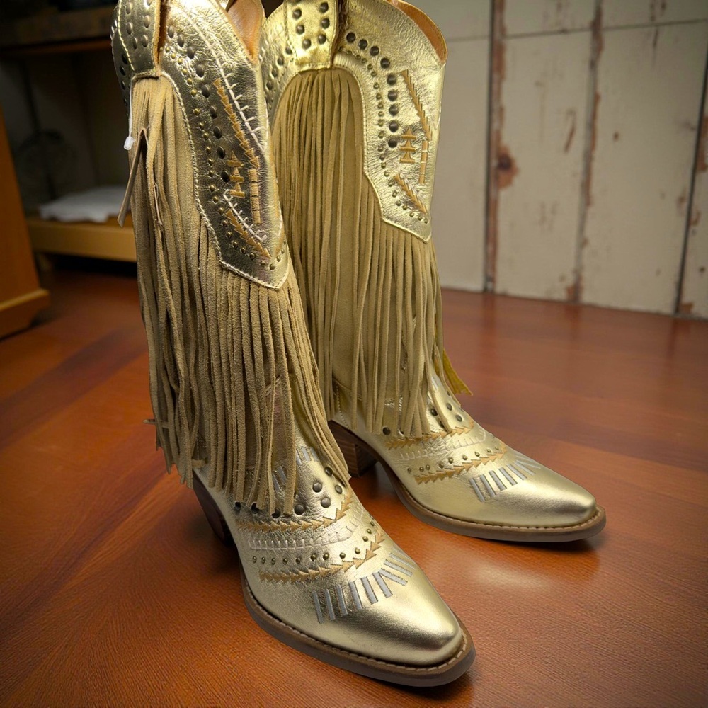 Dingo Gypsy Metallic Gold Fringe Studded Western Cowboy Boots Size 7.5 - Picture 8 of 12